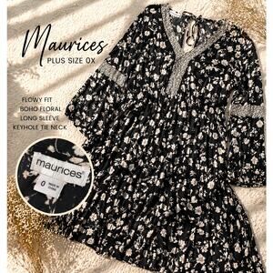 Maurices Plus Size 0X Black Floral Boho Dress Long Sleeve Flowy Mini